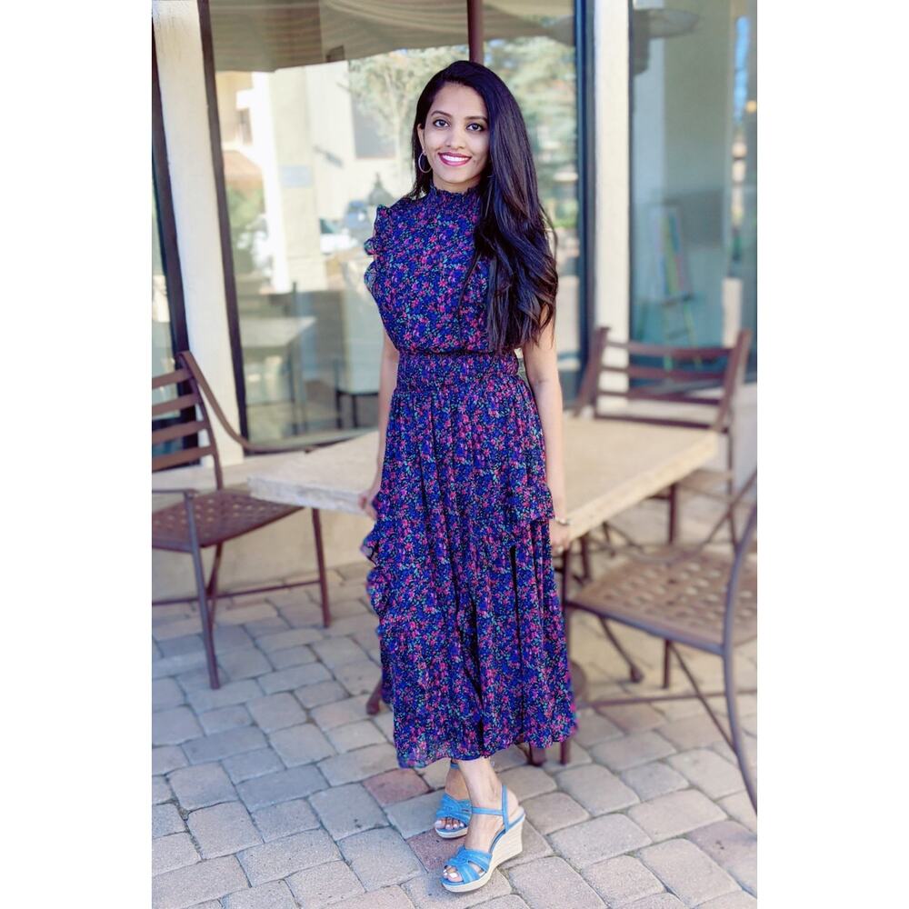 Lulus Evalina Navy Blue Floral Print Mock Neck Sleeveless Ruffle Midi Dress XS - Picture 5 of 16